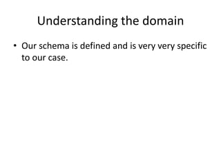 Understanding the domain
• Our schema is defined and is very very specific
to our case.
 
