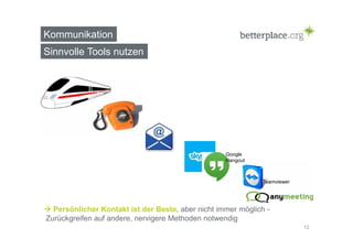Kommunikation 
Sinnvolle Tools nutzen 
12 
Teamviewer 
Google 
Hangout 
 Persönlicher Kontakt ist der Beste, aber nicht immer möglich - 
Zurückgreifen auf andere, nervigere Methoden notwendig 
 