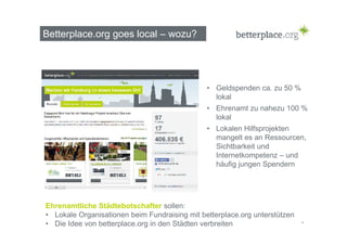 Betterplace.org goes local – wozu? 
• Geldspenden ca. zu 50 % 
lokal 
• Ehrenamt zu nahezu 100 % 
lokal 
• Lokalen Hilfsprojekten 
mangelt es an Ressourcen, 
Sichtbarkeit und 
Internetkompetenz – und 
häufig jungen Spendern 
* 
Ehrenamtliche Städtebotschafter sollen: 
• Lokale Organisationen beim Fundraising mit betterplace.org unterstützen 
• Die Idee von betterplace.org in den Städten verbreiten 
 