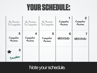 YOURSCHEDULE:
6I AccALL
TI CIGpNMAK
6I AccALL
TI CIGpNMAK
6I AccALL
TI CIGpNMAK
CIGpNMAK
AccALL
1 2
3 4 5 6 7
DAadFDHA
8
W..3.6D W..3.6D
CIGpNMAK
AccALL
CIGpNMAK
AccALL
CIGpNMAK
AccALL
CIGpNMAK
AccALL
Noteyourschedule.
 