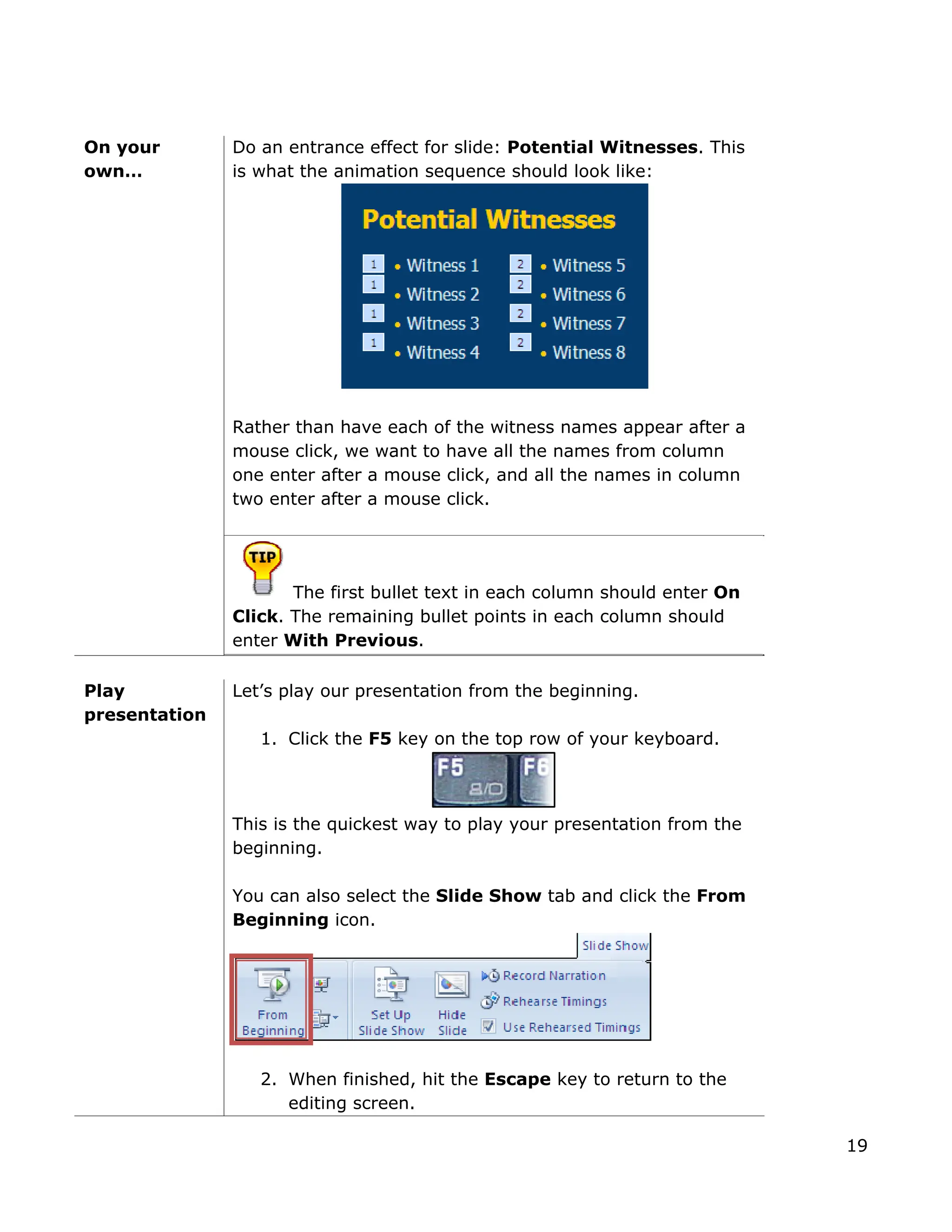 On your
own…
Do an entrance effect for slide: Potential Witnesses. This
is what the animation sequence should look like:
Rather than have each of the witness names appear after a
mouse click, we want to have all the names from column
one enter after a mouse click, and all the names in column
two enter after a mouse click.
The first bullet text in each column should enter On
Click. The remaining bullet points in each column should
enter With Previous.
Play
presentation
Let’s play our presentation from the beginning.
1. Click the F5 key on the top row of your keyboard.
This is the quickest way to play your presentation from the
beginning.
You can also select the Slide Show tab and click the From
Beginning icon.
2. When finished, hit the Escape key to return to the
editing screen.
19
 