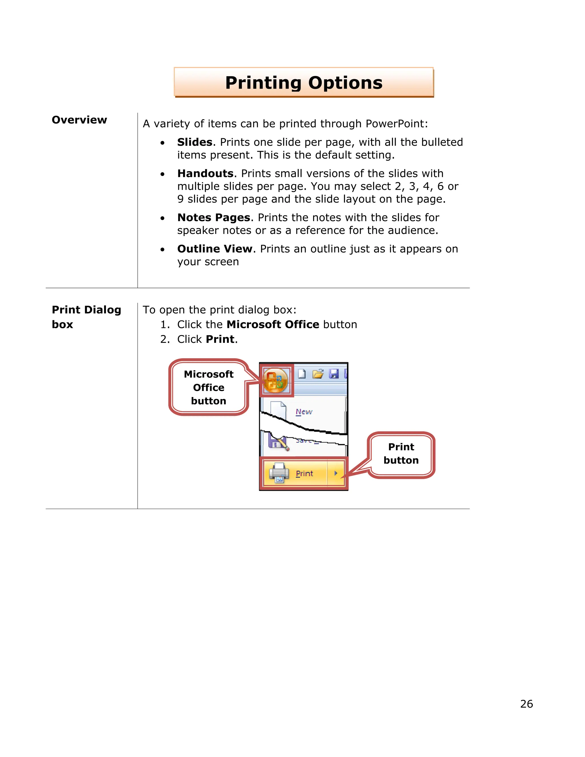 Printing Options
Overview A variety of item rPoint:
• Slides. Prints one slide per page, with all the bulleted
items present. This is the default setting.
e page.
s can be printed through Powe
• Handouts. Prints small versions of the slides with
multiple slides per page. You may select 2, 3, 4, 6 or
9 slides per page and the slide layout on th
• Notes Pages. Prints the notes with the slides for
speaker notes or as a reference for the audience.
• Outline View. Prints an outline just as it appears on
your screen
Print Dialog
box
alog box:
1. Click the Microsoft Office button
2. Click Print.
To open the print di
Microsoft
Office
button
Print
button
26
 