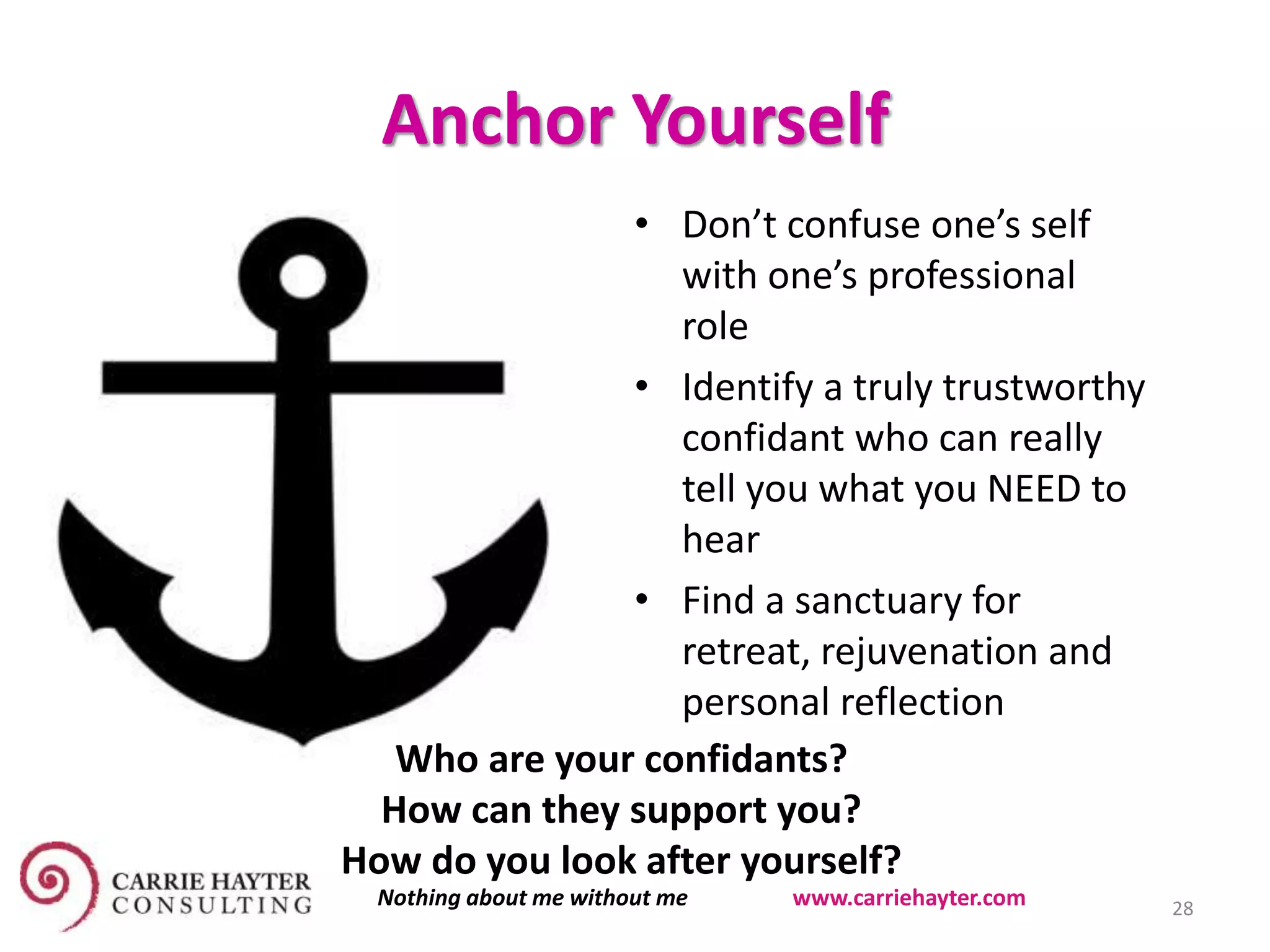 Anchor Yourself
• Don’t confuse one’s self
with one’s professional
role
• Identify a truly trustworthy
confidant who can really
tell you what you NEED to
hear
• Find a sanctuary for
retreat, rejuvenation and
personal reflection
28
Who are your confidants?
How can they support you?
How do you look after yourself?
Nothing about me without me www.carriehayter.com
 