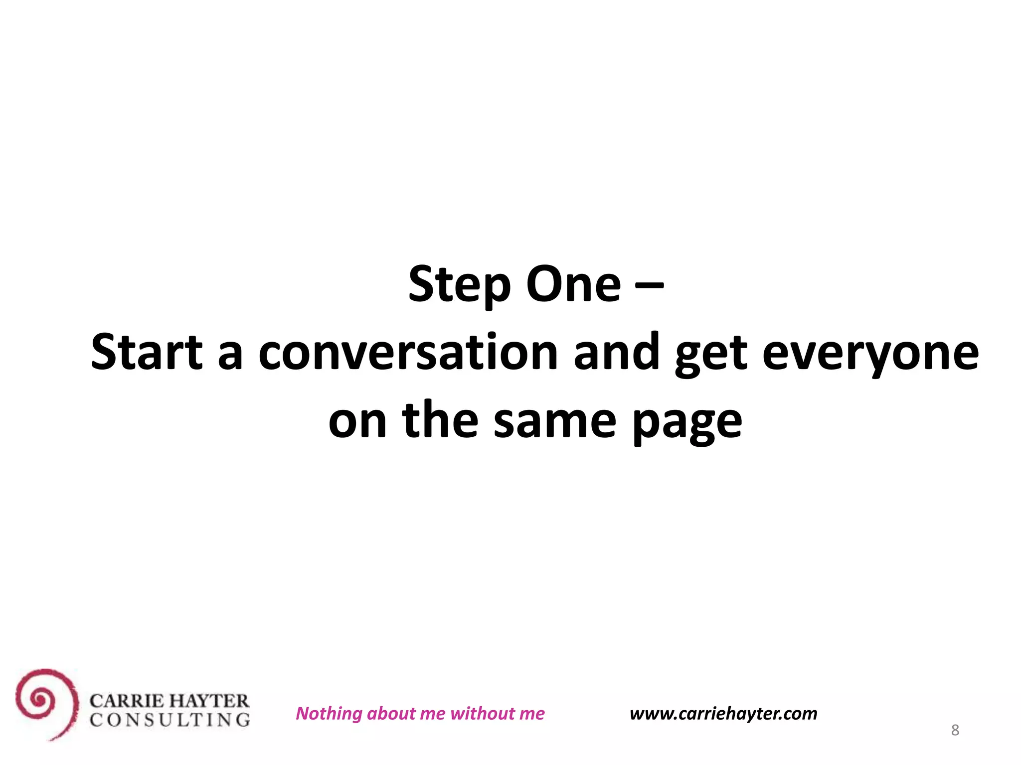 Step One –
Start a conversation and get everyone
on the same page
8
Nothing about me without me www.carriehayter.com
 