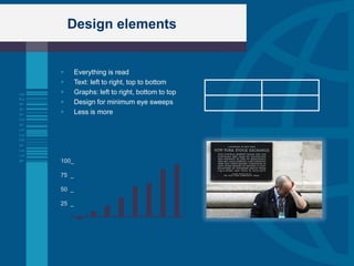 Design elements


      Everything is read
      Text: left to right, top to bottom
      Graphs: left to right, bottom to top
      Design for minimum eye sweeps
      Less is more




100_

75 _

50 _

25 _
 