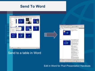 Send To Word




Send to a table in Word



                          Edit in Word for Post Presentation Handouts
 