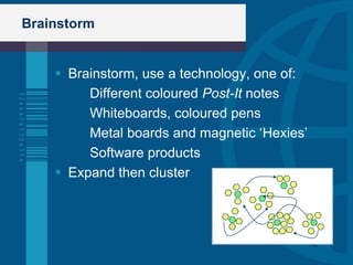 Brainstorm


     Brainstorm, use a technology, one of:
         Different coloured Post-It notes
         Whiteboards, coloured pens
         Metal boards and magnetic „Hexies‟
         Software products
     Expand then cluster
 