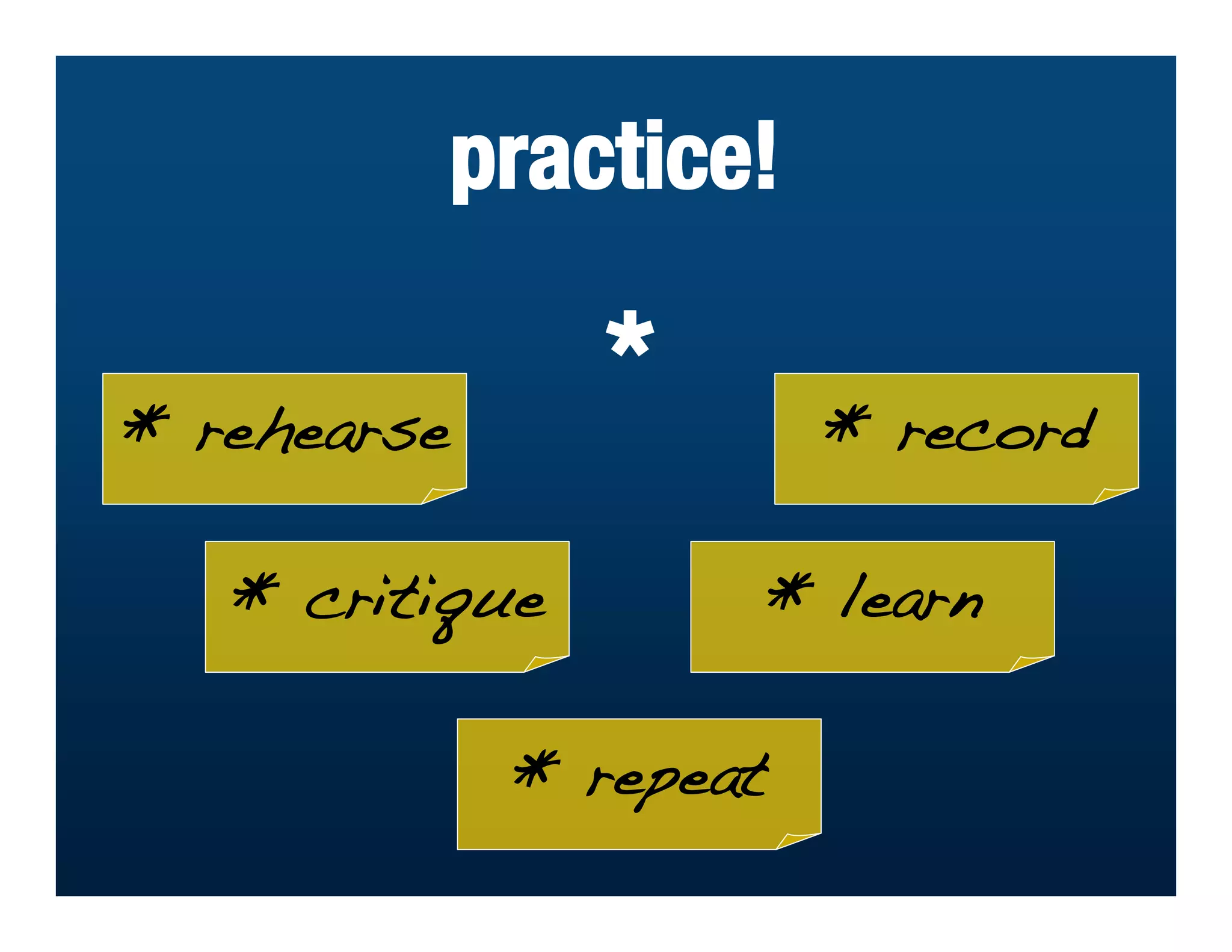 practice!

* rehearse
                 *       * record

   * critique        * learn

              * repeat
 