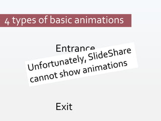 4 types of basic animations
Entrance
Emphasis
Exit
 