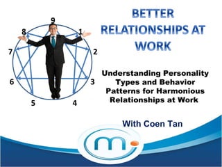 9
4
3
2
1
5
6
8
7
Understanding Personality
Types and Behavior
Patterns for Harmonious
Relationships at Work
With Coen Tan
 