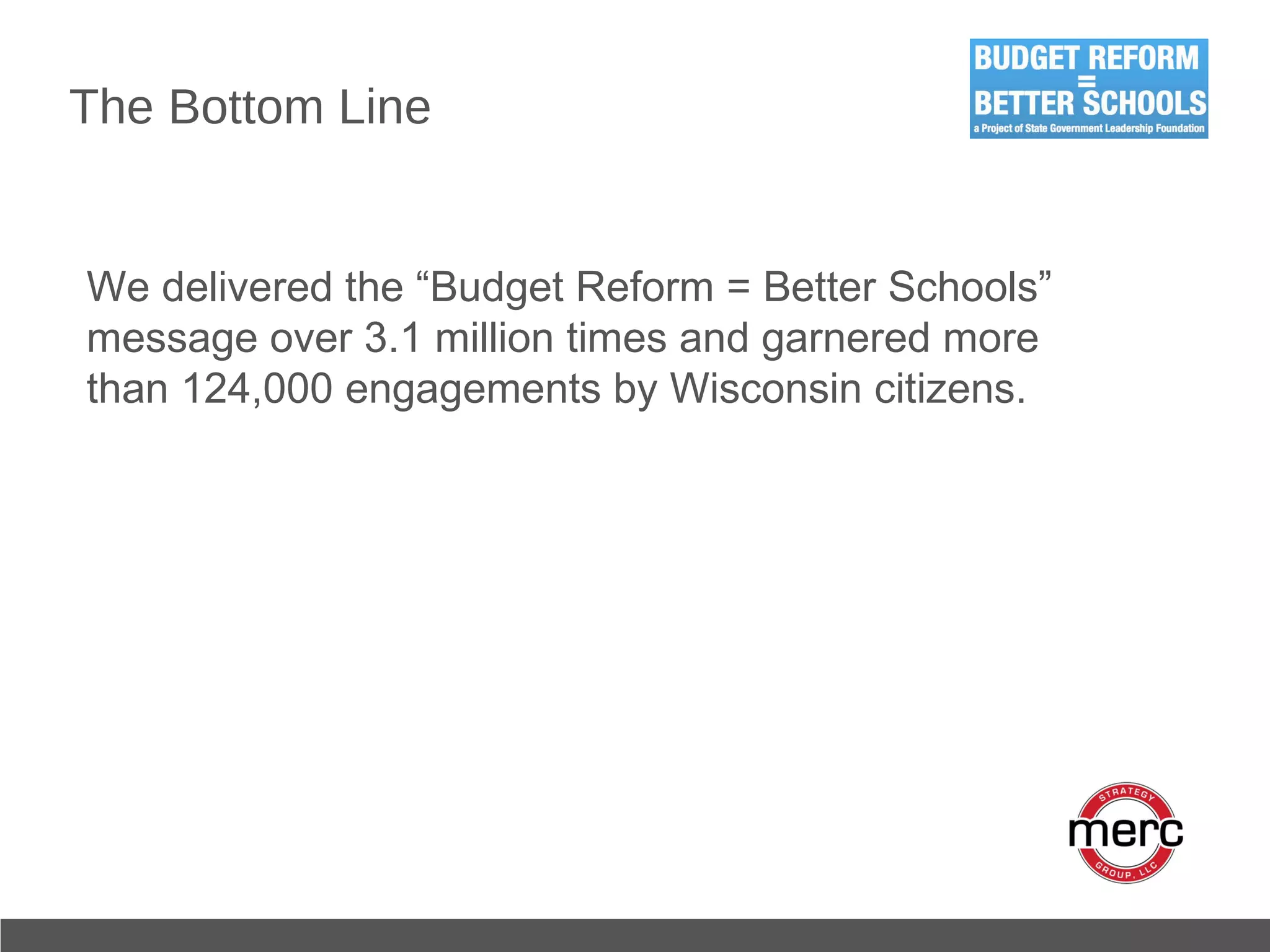 The Bottom Line We delivered the “Budget Reform = Better Schools” message over 3.1 million times and garnered more than 124,000 engagements by Wisconsin citizens. 