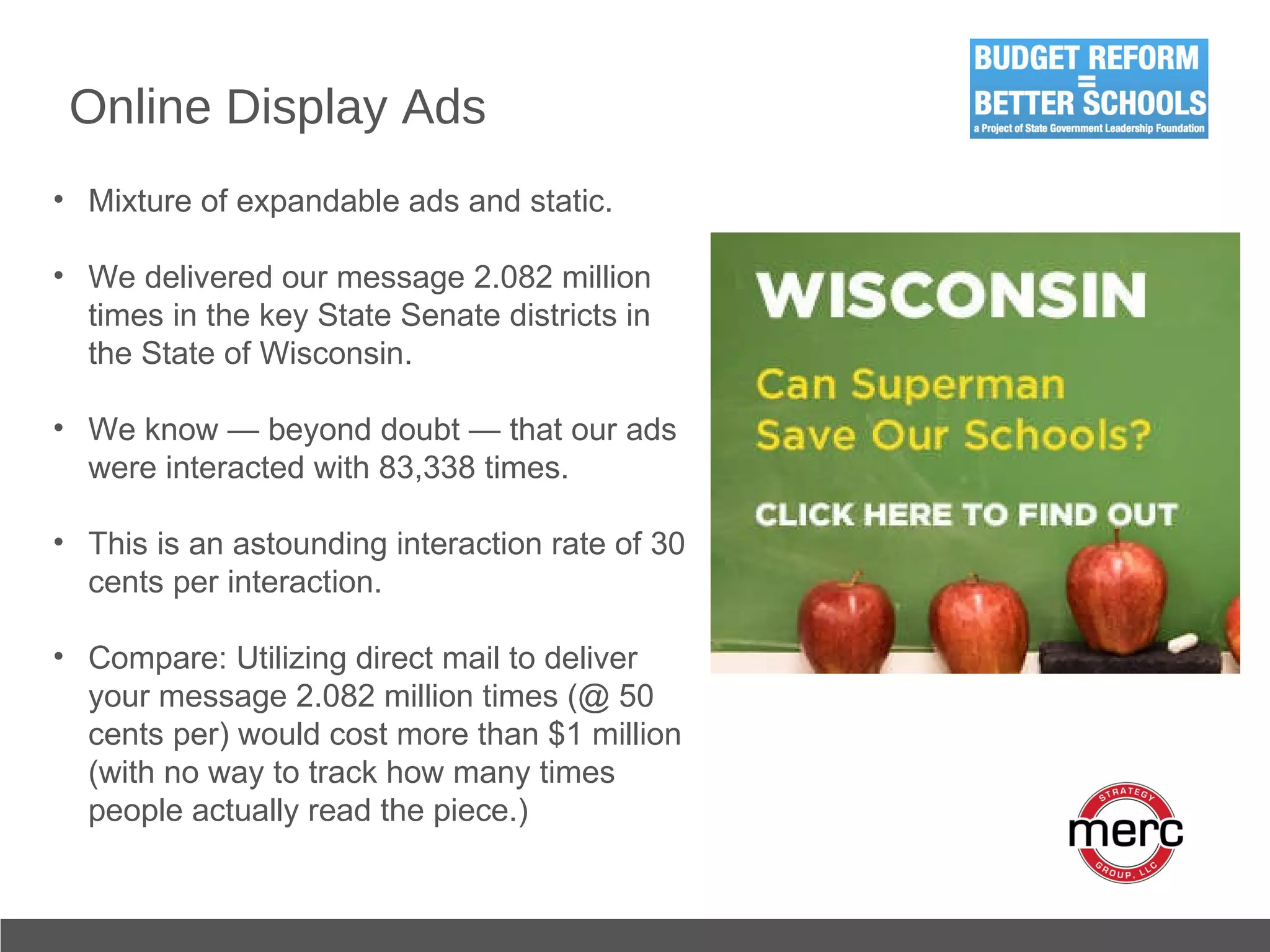 Online Display Ads Mixture of expandable ads and static. We delivered our message 2.082 million times in the key State Senate districts in the State of Wisconsin. We know — beyond doubt — that our ads were interacted with 83,338 times. This is an astounding interaction rate of 30 cents per interaction. Compare: Utilizing direct mail to deliver your message 2.082 million times (@ 50 cents per) would cost more than $1 million (with no way to track how many times people actually read the piece.) 