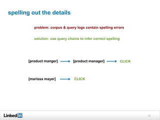 spelling out the details
12
problem: corpus & query logs contain spelling errors
solution: use query chains to infer correct spelling
[product manger] [product manager] CLICK
[marissa mayer] CLICK
 