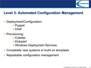 19© Copyright 2013 Coveros, Inc. All rights reserved.
Level 3: Automated Configuration Management
 Deployment/Configuration:
 Puppet
 Chef
 Provisioning:
 Cobbler
 Kickstart
 Windows Deployment Services
 Completely new systems or build on templates
 Repeatable configuration management
 