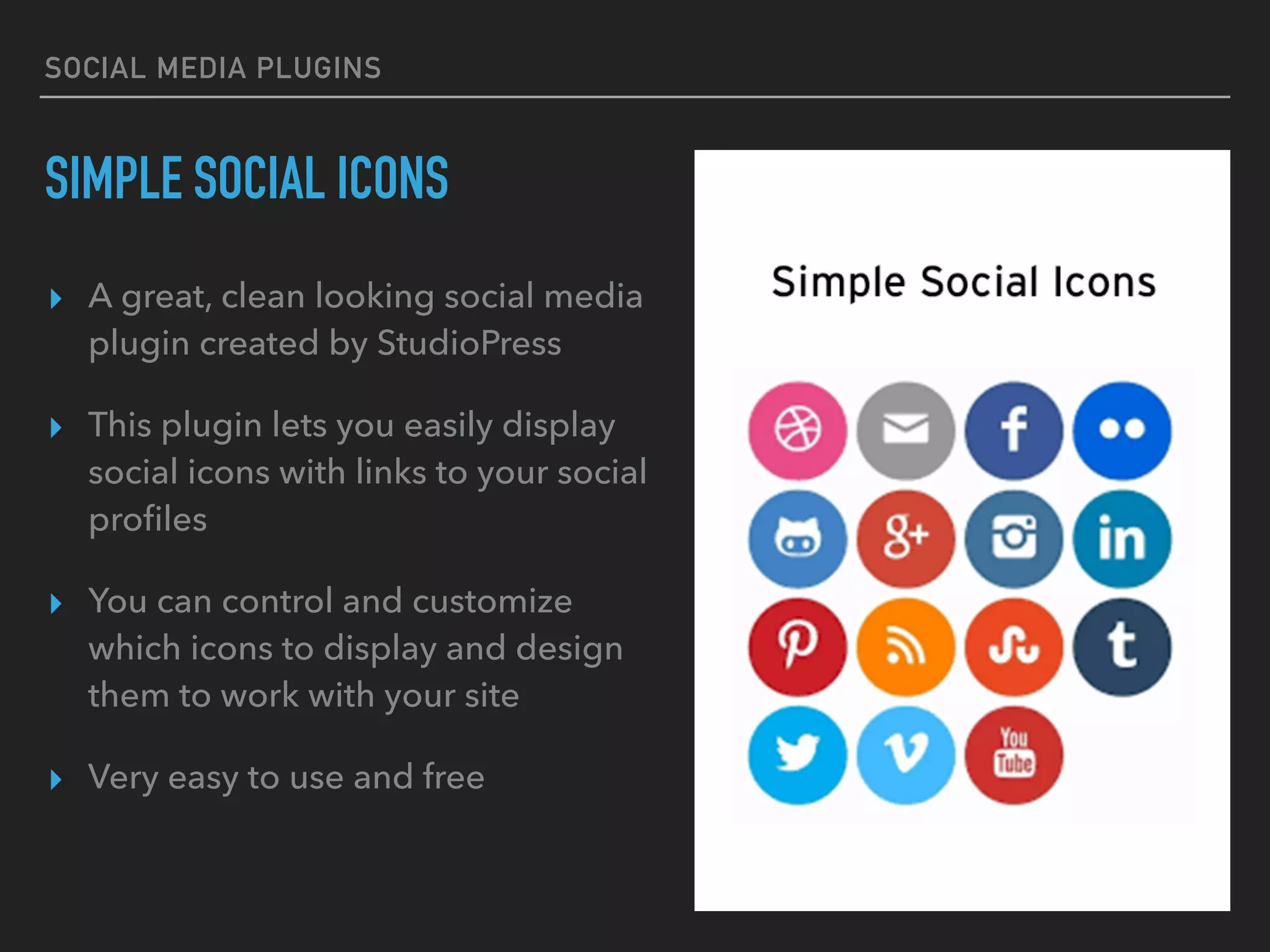 SOCIAL MEDIA PLUGINS
SIMPLE SOCIAL ICONS
▸ A great, clean looking social media
plugin created by StudioPress
▸ This plugin lets you easily display
social icons with links to your social
proﬁles
▸ You can control and customize
which icons to display and design
them to work with your site
▸ Very easy to use and free
 