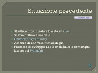 Azienda non Agile




   Struttura organizzativa basata su silos
   Scarsa cultura aziendale
   Cowboy programming
   Assenza di una vera metodologia
   Processo di sviluppo non ben definito e comunque
    basato sul Waterfall




                                                                15
 