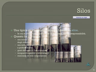Azienda non Agile




   Una tipica struttura organizzativa basata su silos.
    • In cui si aveva una separazione di mansioni, ruoli e responsabilità.
   Questo ha portato a:
    • una scarsa condivisione
        degli obiettivi;
    •   una netta separazione di ruoli
        e professionalità;
    •   gravi difficoltà di comunicazione
    •   incapacità a gestire i cambiamenti
    •   mancanza di vera cooperazione




                                                                                    16
 