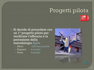 Progetti
                                     pilota




   Si decide di procedere con
    un 1° progetto pilota per
    verificare l‟efficacia e la
    percezione della
    metodologia Agile
    • Effort:    ~220 story points
    • Elapsed:   4 months
    • Team:      5 people




                                                21
 
