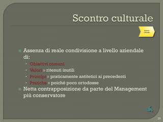 Scontro
                                                         Accettazione
                                                           culturale




   Assenza di reale condivisione a livello aziendale
    di:
    • Obiettivi comuni
    • Valori » ritenuti inutili
    • Principi » praticamente antitetici ai precedenti
    • Pratiche » poiché poco ortodosse
   Netta contrapposizione da parte del Management
    più conservatore



                                                                        29
 