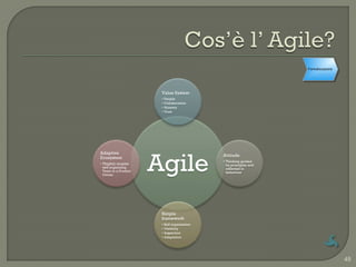 Formalizzazione




                       Value System
                       •   People
                       •   Collaboration
                       •   Honesty
                       •   Trust




                      Agile
Adaptive
                                               Attitude
Ecosystem
                                               • Thinking guided
• Thightly couples                               by principles and
  self-organizing                                reflected in
  Team to a Product                              behaviour
  Owner




                       Simple
                       framework
                       •   Self organisation
                       •   Visibility
                       •   Inspection
                       •   Adaptation




                                                                                       45
 