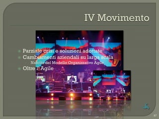    Parziale crisi e soluzioni adottate
   Cambiamenti aziendali su larga scala
     •   Nascita del Modello Organizzativo Agile
   Oltre l‟ Agile




                                                   87
 