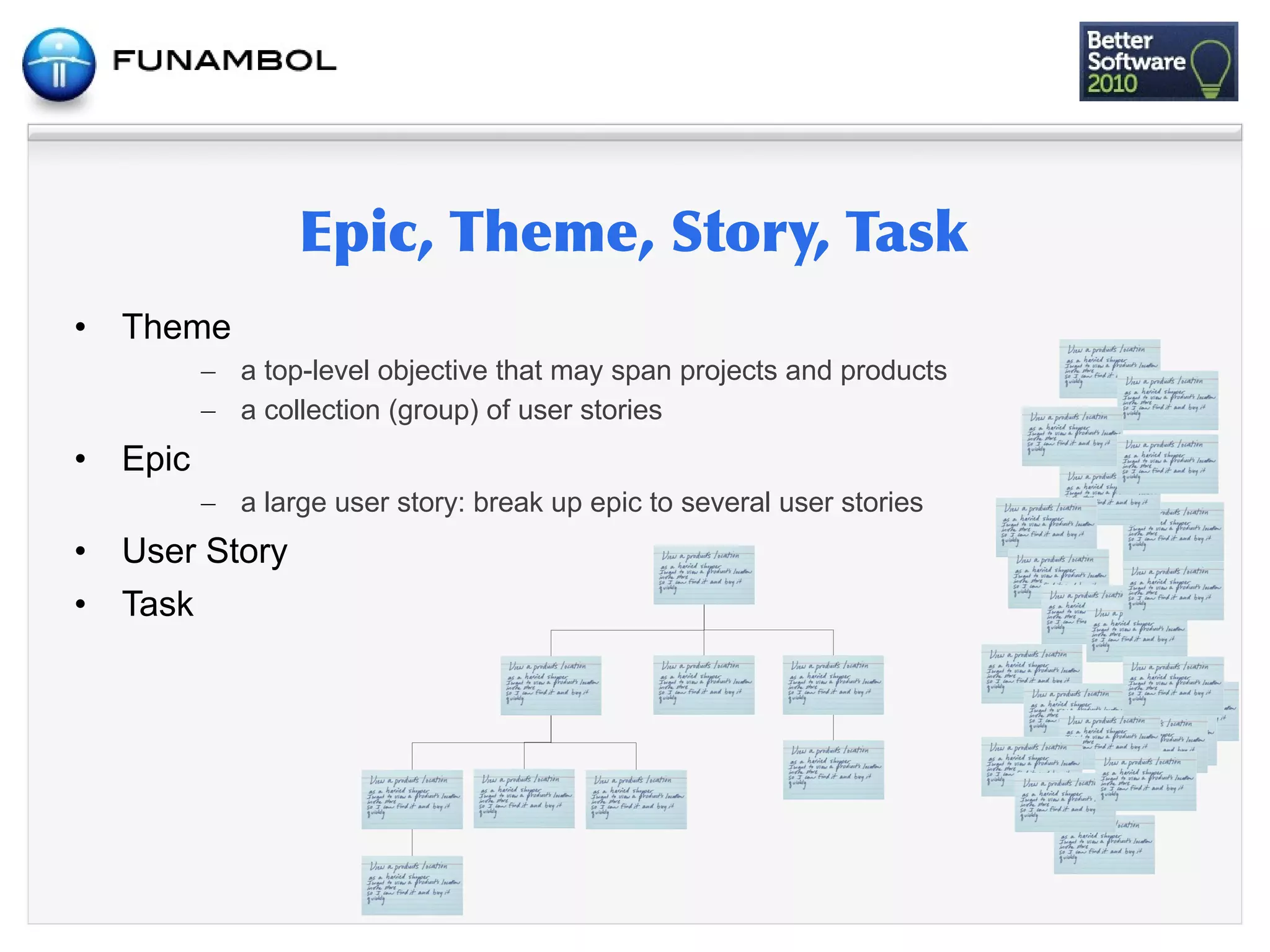 •   Theme
           – a top-level objective that may span projects and products
           – a collection (group) of user stories
•   Epic
           – a large user story: break up epic to several user stories
•   User Story
•   Task
 