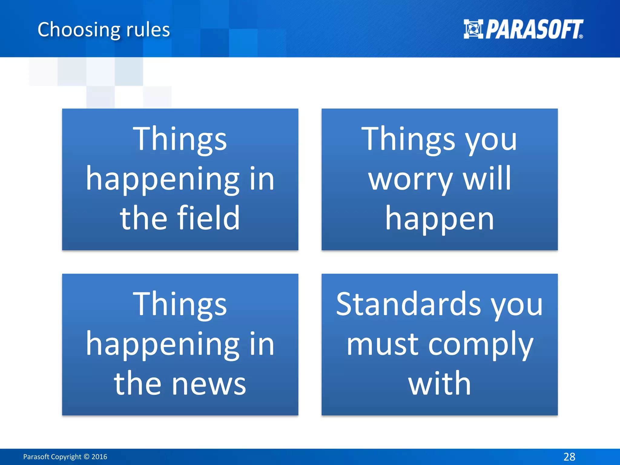 Parasoft Copyright © 2016 2828
Choosing rules
Things
happening in
the field
Things you
worry will
happen
Things
happening in
the news
Standards you
must comply
with
 