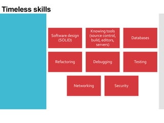 Timeless skills

Software design
(SOLID)

Knowing tools
(source control,
build, editors,
servers)

Databases

Refactoring

Debugging

Testing

Networking

Security

 