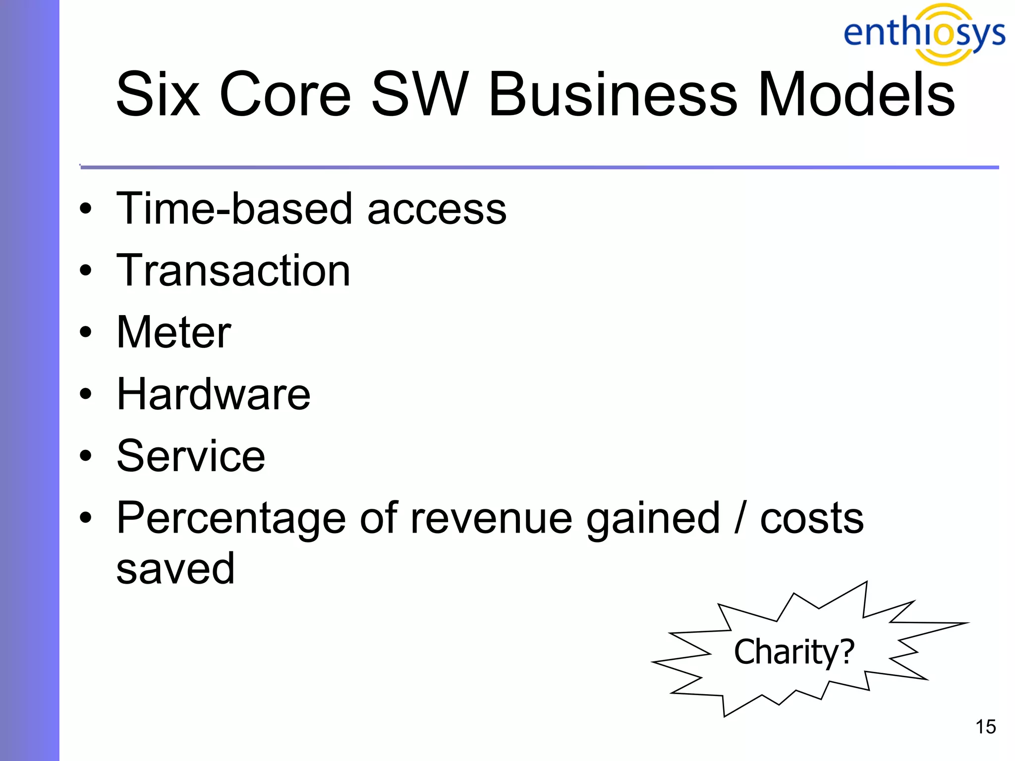 Six Core SW Business Models Time-based access Transaction Meter Hardware Service Percentage of revenue gained / costs saved Charity? 