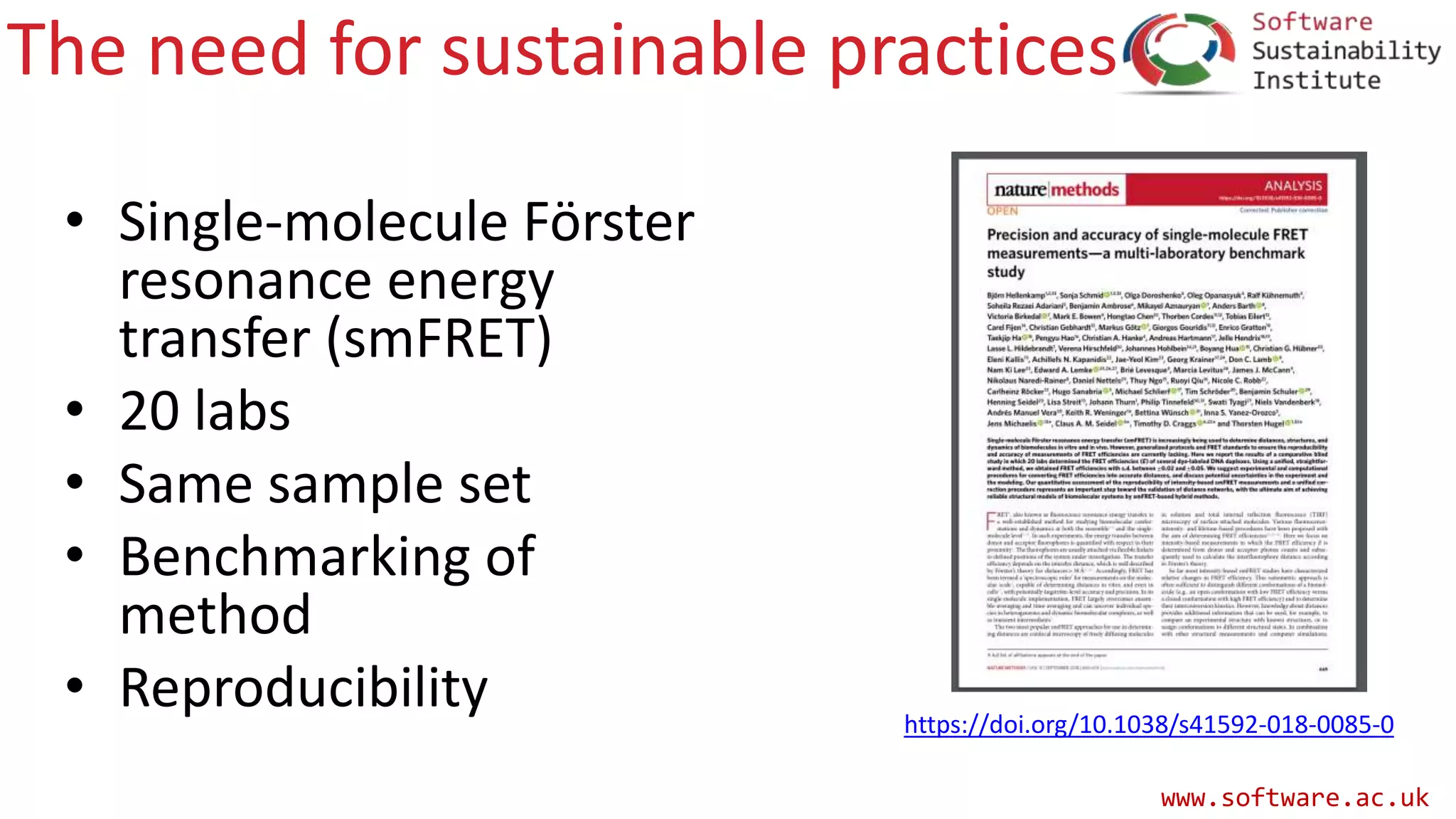 www.software.ac.uk
The need for sustainable practices
• Single-molecule Förster
resonance energy
transfer (smFRET)
• 20 labs
• Same sample set
• Benchmarking of
method
• Reproducibility https://doi.org/10.1038/s41592-018-0085-0
 