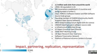 ● 1.2 million web visits from around the world
● URSSI: SSI equivalent in US
● RSE Associations established in 3 countries and
being founded in further 3
● Chair, FORCE11 Software Citation and RDA Software
Source Code groups
● Founding member of CHAOSS (Community Health
Analytics Open Source Software)
● OECD Global Science Forum digital skills for science
● UNESCO expert group on software source code
● e-Infrastructure Reflection Group
● G7 Expert Group on Open Science
● ESFRI DIGIT Working Group
● UK Open Research Data Task Force
● Software Preservation Network
● Platform of National eScience Centers in Europe
Impact, partnering, replication, representation
 