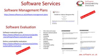 www.software.ac.uk
Software Services
• Fill in form (15 mins)
• Receive tailored advice
• Building
• Installing
• Testing
• Documentation
• Support
• Portability
• Contributor policy
• Copyright
• Licenses
Software evaluation guide:
https://www.software.ac.uk/resources/guides
-everything/software-evaluation-guide
Online sustainability evaluation:
https://www.software.ac.uk/resources/online-
sustainability-evaluation
https://www.software.ac.uk/software-management-plans
Software Evaluation
Software Management Plans
 