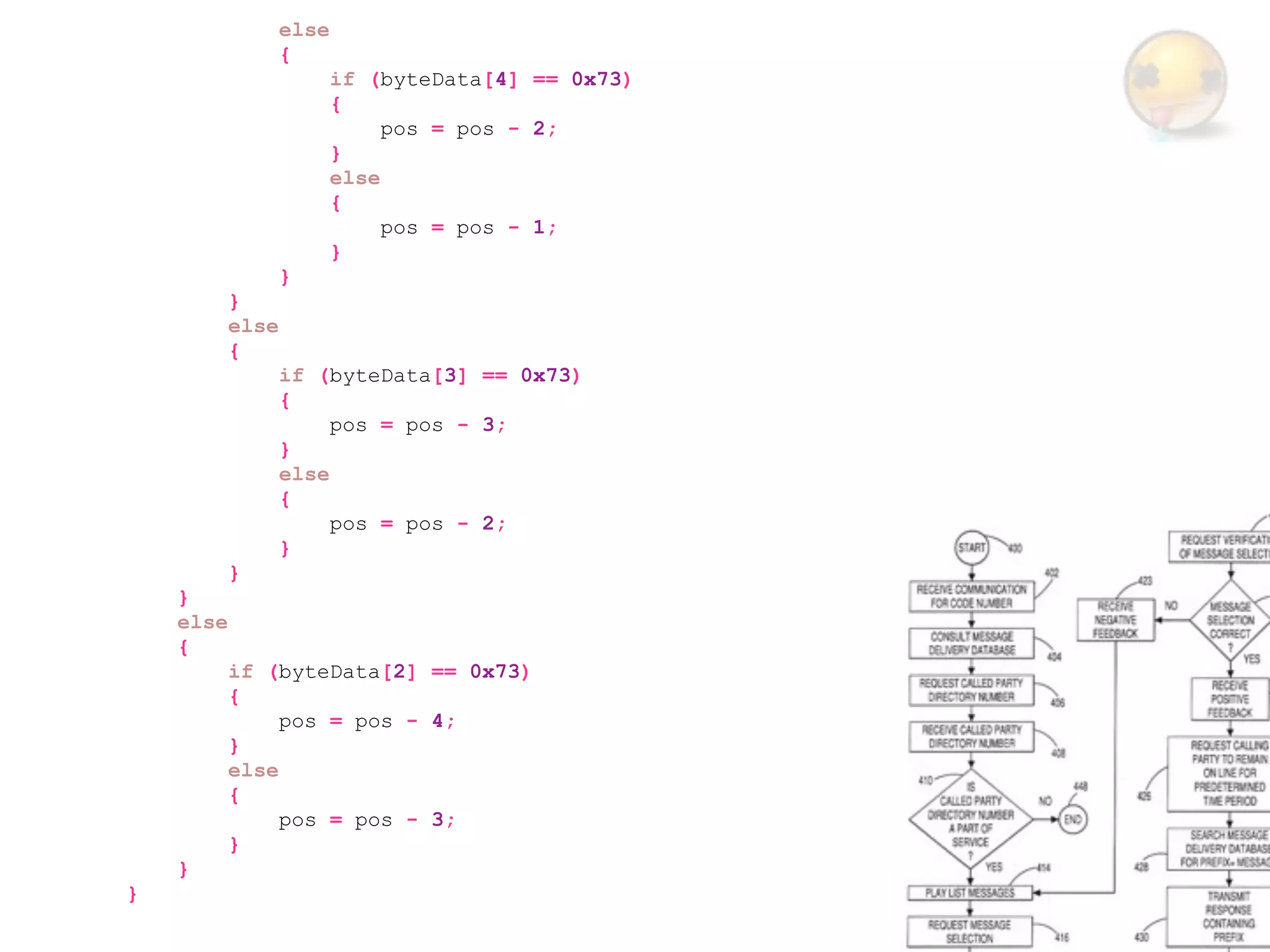 else
                  {
                         if (byteData[4] == 0x73)
                         {
                              pos = pos - 2;
                         }
                         else
                         {
                              pos = pos - 1;
                         }
                  }
           }
           else
           {
                  if (byteData[3] == 0x73)
                  {
                       pos = pos - 3;
                  }
                  else
                  {
                       pos = pos - 2;
                  }
           }
    }
    else
    {
           if (byteData[2] == 0x73)
           {
                pos = pos - 4;
           }
           else
           {
                pos = pos - 3;
           }
    }
}
 