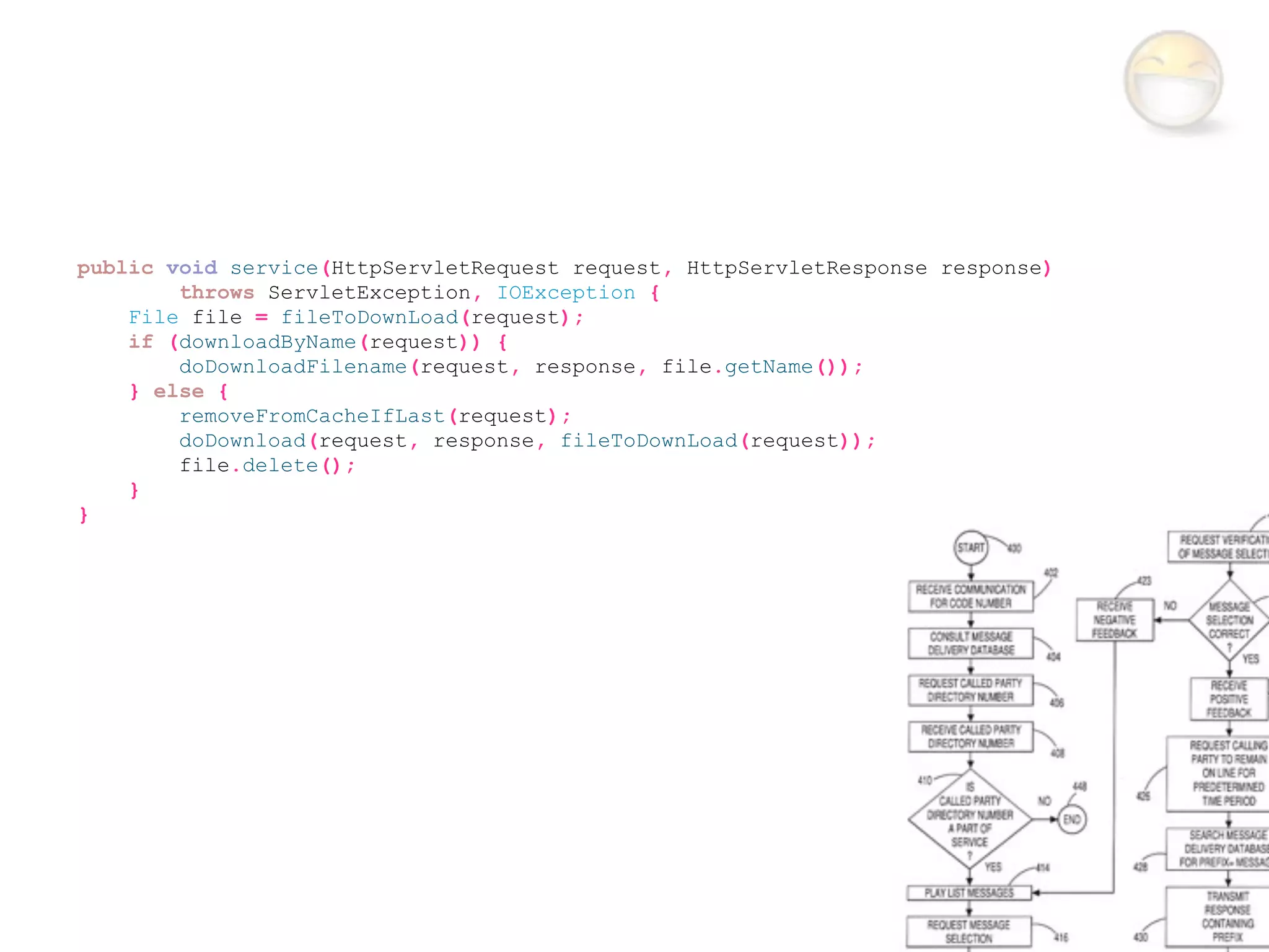 public void service(HttpServletRequest request, HttpServletResponse response)
        throws ServletException, IOException {
    File file = fileToDownLoad(request);
    if (downloadByName(request)) {
        doDownloadFilename(request, response, file.getName());
    } else {
        removeFromCacheIfLast(request);
        doDownload(request, response, fileToDownLoad(request));
        file.delete();
    }
}
 