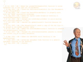 /**
  *
  *
* 03 Oct 2005 - AB - Added the isSameCIDinSameLiuID() function to avoid
different CID in the same LIU (Ticket#2564)
  * 09 Sep 2005 - AB - fixed the retriveCallSideInfo() for the PhoneMatch
method (Ticket#2381)
  * 06 Sep 2005 - AB - Fixed the SearchProviderDate() to properly work
with the 'DATA' association technique
  * 01 Sep 2005 - AB - Added the dupval index exception handling in
saveInHiddenJournal() function
  * 27 Jul 2005 - AB - changed the isInformationInDb() to avoid exiting
with assocInfo.lemfList == null
  * 27 Jul 2005 - AB - removed the updateJournal() function because not
needed
  * 26 Jul 2005 - AB - Now mergeJournal() saves a copy of the two lius ti
be merged in the hidden_journal table
  * 26 Jul 2005 - AB - Added the saveInHiddenJournal() function to enhance
the mergeJournal() function
  * 05 Jul 2005 - AB - Changed the retriveCallSideInfo queries to select
the correct liu_id in every situation.
…
  * 23 Mar 2005 - AB - Added the ORA-00001 error handling in the
AddIRI2Journal
  * 9 Mar 2005 - AB - moved the queryExec body function to a generic
queryExec function in the IRITools
  * 11 May 2004 - AB - Started
  **/
 
