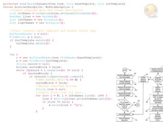 protected void build(DynamicView view, File baseTemplate, File outTemplate)
throws ArchiverException, WrEntsException {
    //Create required data and column description
    List colNames = normalize(view.getDynamicColumnSet());
    HashMap lines = new HashMap();
    List leftNames = new ArrayList();
    List rightNames = new ArrayList();

    //Start reading input template and create output copy
    BufferedReader r = null;
    FileWriter w = null;
    if (outTemplate.exists()) {
        outTemplate.delete();
    }

    try {
        r = new BufferedReader(new FileReader(baseTemplate));
        w = new FileWriter(outTemplate);
        String record = null;
        boolean sortedBlock = false;
        while ((record = r.readLine()) != null) {
            if (sortedBlock) {
                if (record.toUpperCase().indexOf(
                    "{END_SORTED_RECS}") >= 0) {
                    sortedBlock = false;
                    //Writes required records
                    String line = null;
                    //Static first line (if any)...
                    for (int j = 0; j < leftNames.size(); j++) {
                        line = (String)lines.get(leftNames.get(j));
                        if (line != null) {
                            w.write(line + "n");
                        }
                    }
 