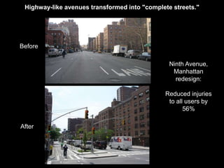 Highway-like avenues transformed into "complete streets." 
Before 
After 
Ninth Avenue, 
Manhattan 
redesign: 
Reduced injuries 
to all users by 
56% 
 