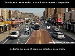 Street space reallocated to more efficient modes of transportation 
Dedicated bus lanes, off-board fare collection, signal priority 
 