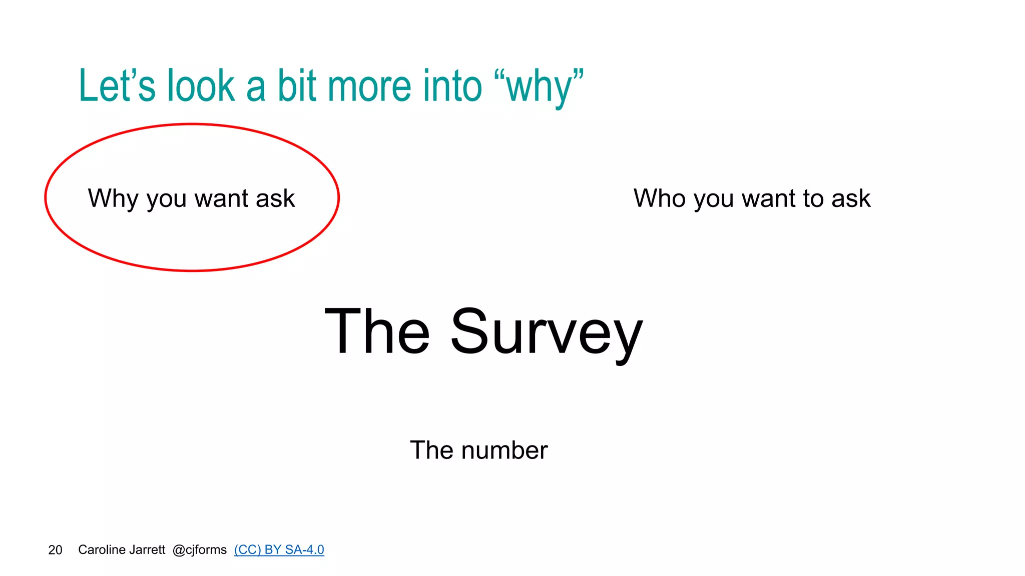 Caroline Jarrett @cjforms (CC) BY SA-4.0
20
Let’s look a bit more into “why”
Why you want ask Who you want to ask
The Survey
The number
 
