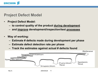 Rev A 2004-06-28 11
Project Defect Model
• Project Defect Model:
– to control quality of the product during development
– ...