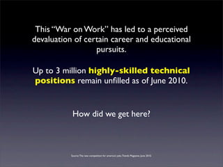 This “War on Work” has led to a perceived
devaluation of certain career and educational
                  pursuits.

Up to 3 million highly-skilled technical
positions remain unﬁlled as of June 2010.


            How did we get here?



           Source: The new competition for america’s jobs. Trends Magazine. June 2010.
 