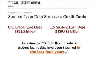 U.S. Credit Card Debt    U.S. Student Loan Debt
     $826.5 billion          $829.785 billion


        An estimated “$300 billion in federal
     student loan debts have been incurred in
             the last four years...”
 