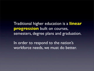 Traditional higher education is a linear
progression built on courses,
semesters, degree plans and graduation.

In order to respond to the nation’s
workforce needs, we must do better.
 