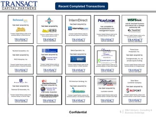 Recent Completed Transactions




                                                                                        has been acquired by
    has been acquired by
                                                                                                                                      has completed a
                                                                                                                                    recapitalization and
                                                                                                                                    management buyout
Transact Capital Partners acted as the
Transact Capital Partners acted as the                                                 Transact Capital Partners acted as      Transact Capital Partners acted as the
                                                                                                                               Transact Capital Partners acted    the
 exclusive partner to Richmond.com
           advisor to Richmond.com                                                    the exclusive partner to InternDirect        exclusive partner
                                                                                                                                  exclusive advisor to PeakLogix




                                                                                                                                                                                           Three-Score
    Nuckols Excavation, Inc.                                                              Metal Specialist, Inc.
                                                                                                                                                                                         Production, Inc.
    has been acquired by                     has been acquired by                       has been acquired by
                                                                                                                                                                                    has been acquired by
                                                                                                                                   has been acquired by
       NVS Enterprise, Inc.                                                                                                                                                         EmergenceLabs, Inc. via
                                                                                                                                                                                     private equity funding

 Transact Capital Partners acted as the     Transact Capital Partners acted as
                                            Transact Capital Partners acted as      Transact Capital Partners acted as the
                                                                                    Transact Capital Partners acted as the      Transact Capital Partners acted as the
                                                                                                                                Transact Capital Partners acted as the           Transact Capital Partners acted as the
exclusive advisor to Nuckols Excavation
          partner                          the exclusive partner to InternDirect
                                            the exclusive partner to CCR Retail      exclusive advisor to Metal Specialist
                                                                                     exclusive partner to Metal Specialist     exclusive partner to Tama Home Health
                                                                                                                               exclusive advisor to Tama Home Health              exclusive advisor to EmergenceLabs




                                                                                       All American Vending, Inc.                                                                          Dave Ware
                                                                                                                                                                                       Container Company
                                            has been acquired by
    has been acquired by                                                                has been acquired by                                                                         has been acquired by
                                             has been acquired by                                                                  has been acquired by
  Assessor & Associates, Inc.
                                             a private investor                                                                        a private investor
Transact Capital Partners acted as as
   Transact Capital Partners acted the     Transact Capital Partners acted as       Transact Capital Partners acted as the
                                                                                    Transact Capital Partners acted as the
                                                                                                                     as the    Transact Capital Partners acted as the
                                                                                                                               Transact Capital Partners acted as the          Transact          Partners acted as the
                                                                                                                                                                              Transact Capital Partners acted as the
                                           Transact Capital Partners acted as
 the exclusive partner to Schmid Flags
  exclusive advisor to Schmid Flags       the exclusive partner to InternDirect
                                              the exclusive partner to RHP         exclusive partner to Allto CCR Retail
                                                                                        exclusive partner American Vending
                                                                                             advisor to All American Vending   exclusive partner to
                                                                                                                               exclusive advisor to Brooks Gray Signs        exclusive partner
                                                                                                                                                                             exclusive advisor to Dave Ware Container




                                                                                                                                                                                  M&A Advisory, Consulting &
                                                                                       Confidential                                                                      5   |    Business Brokerage
 