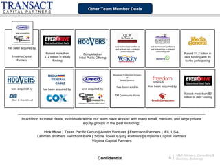 Other Team Member Deals




      was acquired by




                                                                                          sold its merchant portfolio to    sold its merchant portfolio to
has been acquired by                                                                      and entered into a strategic      and entered into a strategic
                                                                                                 relationship with                 relationship with
                             Raised more than                      Completed an                                                                                   Raised $1.2 billion in
   Empeiria Capital         $12 million in equity             Initial Public Offering                                                                             debt funding with 35
      Partners                    funding                                                                                                                          banks participating



                                                                                        Broadcast Production Division
                              MEDIA                                                                  of
                               GENERAL                                                        Media General
                                                                                                                              marketing ltd
                                  CABLE
                                    A Media General Company


                                                                                           has been sold to                has been acquired by
  was acquired by          has been acquired by                 was acquired by
                                                                                                                                                                  Raised more than $2
                                                                                         TM Communications
                                                                                                                                                                  million in debt funding




            In addition to these deals, individuals within our team have worked with many small, medium, and large private
                                                    equity groups in the past including:

                           Hick Muse | Texas Pacific Group | Austin Ventures | Francisco Partners | IFIL USA
                        Lehman Brothers Merchant Bank | Stone Tower Equity Partners | Empeiria Capital Partners
                                                       Virginia Capital Partners


                                                                                                                                                             M&A Advisory, Consulting &
                                                                             Confidential                                                         6   |      Business Brokerage
 