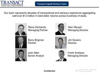 Transact Capital Partners Team



Our team represents decades of transactional and advisory experience aggregating
       well over $1.5 billion in total dollar volume across hundreds of deals.



                     Steve Zacharias                          Stan Maupin
                     Managing Partner                         Managing Director



                     Barry Brigman                            Jim Sowers
                     Partner                                  Director


                    Josh Allen                                Frank Andrews
                    Senior Analyst                            Managing Director




                                                                             M&A Advisory, Consulting &
                                     Confidential                    8   |   Business Brokerage
 