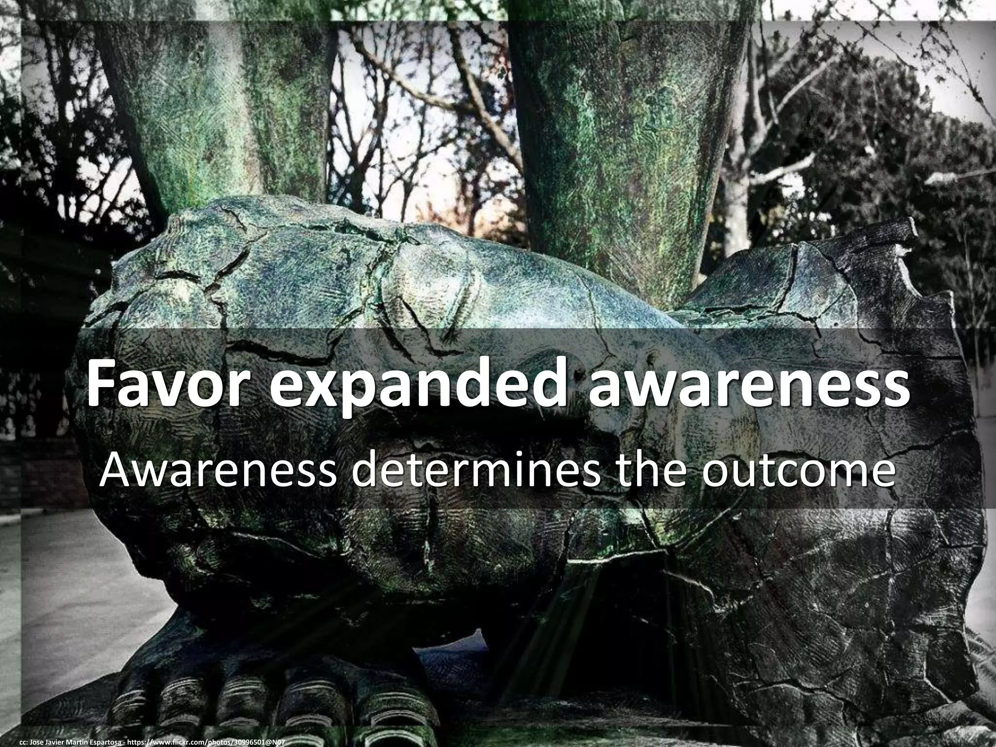 Favor expanded awareness
Awareness determines the outcome
cc: Jose Javier Martin Espartosa - https://www.flickr.com/photos/30996501@N07
 