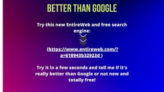 Faça um breve resumo sobre o que você quer discutir.
Try this new EntireWeb and free search
engine:




(https://www.entireweb.com/?
a=618943b32923d )


Try it in a few seconds and tell me if it's
really better than Google or not new and
totally free!
Better than Google
 