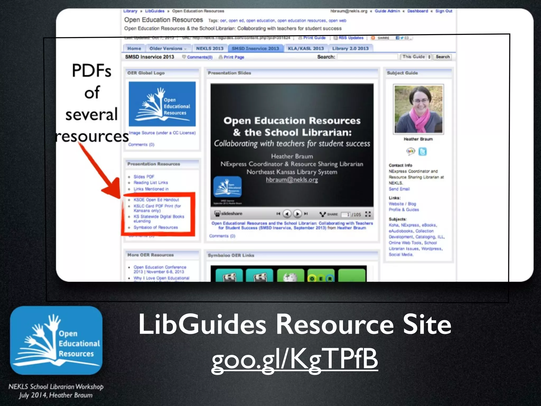 NEKLS School LibrarianWorkshop	

July 2014, Heather Braum
LibGuides Resource Site
goo.gl/KgTPfB
PDFs 	

of 	

several
resources
 