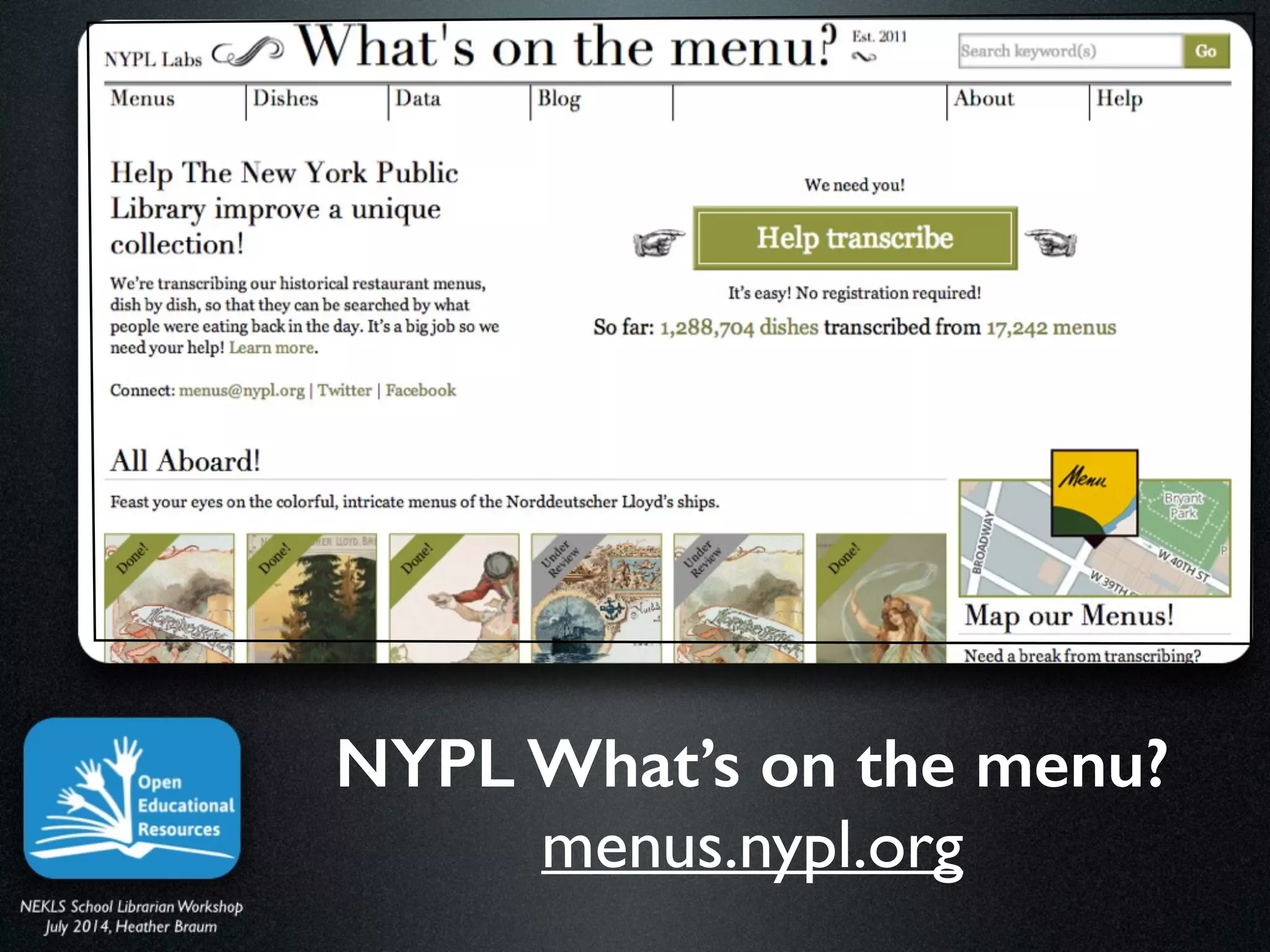 NYPL What’s on the menu?
menus.nypl.org
 